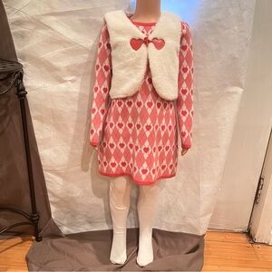 Cynthia Rowley girls' red argyle dress with tights and white trim size 5/6 yrs